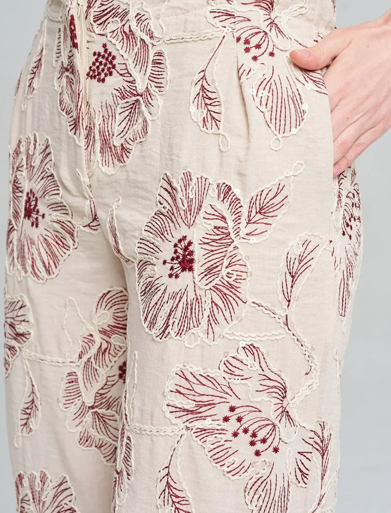 Wide-Leg Trousers with Floral Embroidery and Sequin Details - Skin