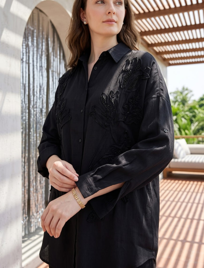 Oversize Stone Embellished Shirt - Black