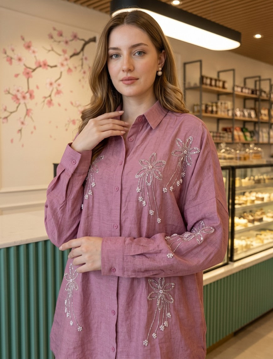 Oversize Stone Embellished Shirt - Pink