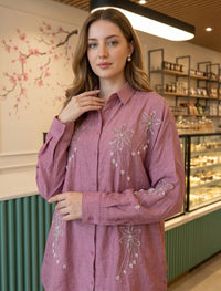Oversize Stone Embellished Shirt - Pink