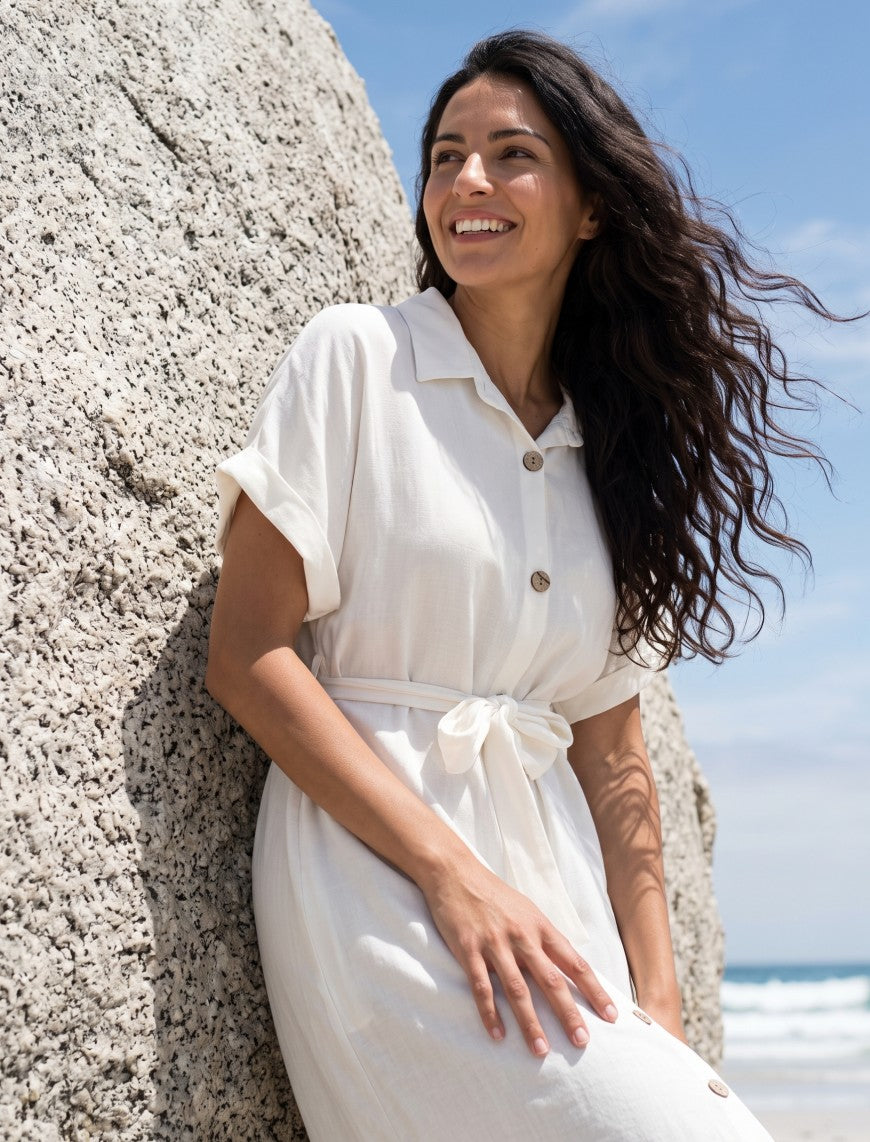 Indigo Tie Hemp Linen Shirtdress - Off White