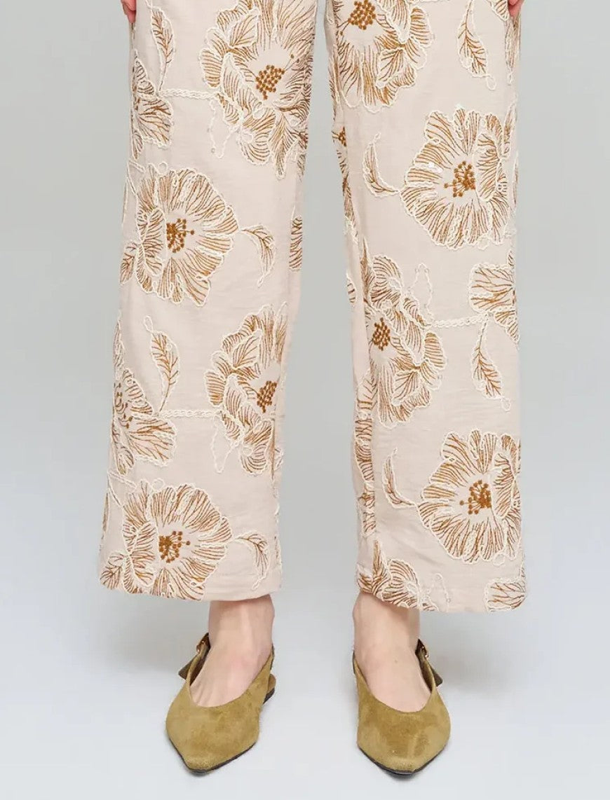 Wide-leg trousers with floral embroidery and sequin details, Skin