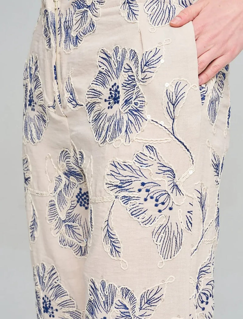 Wide-Leg Trousers with Floral Embroidery and Sequin Details - Skin