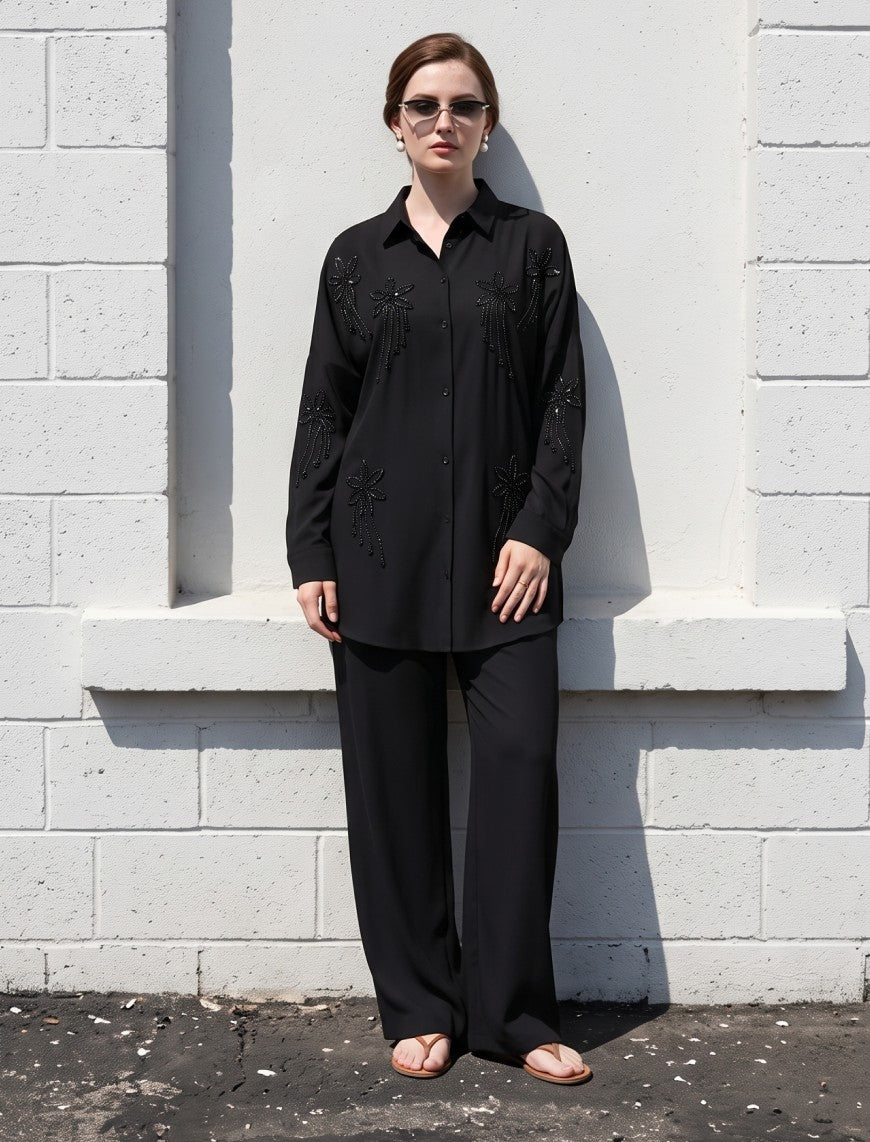 Oversize Stone Embellished Shirt - Black