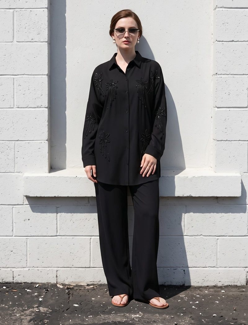 Oversize Stone Embellished Shirt - Black
