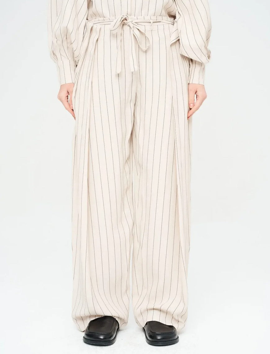 Striped Linen Blend Wide Leg Trouser - Skin