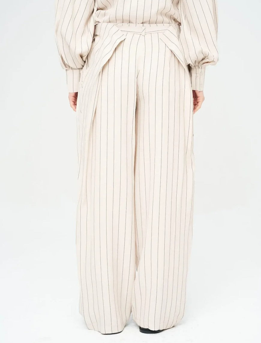 Striped Linen Blend Wide Leg Trouser - Skin