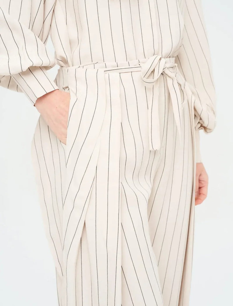 Striped Linen Blend Wide Leg Trouser - Skin