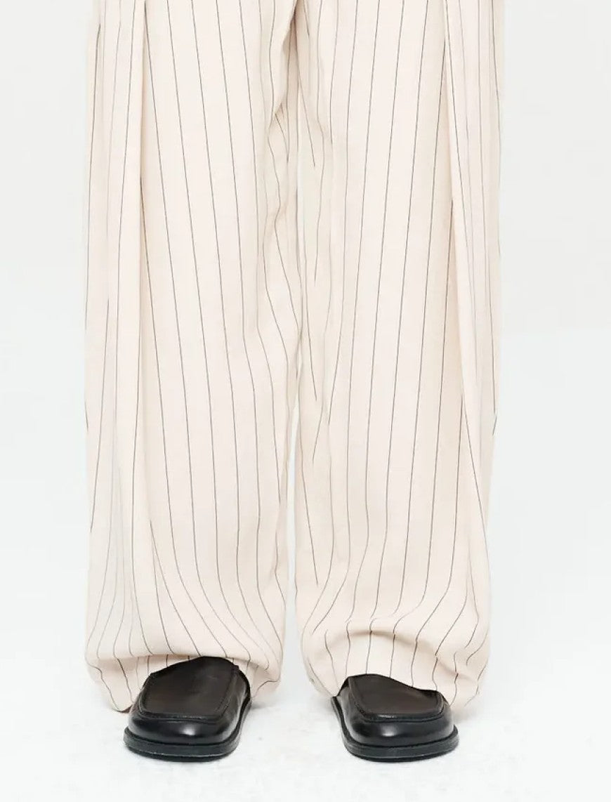 Striped Linen Blend Wide Leg Trouser - Skin