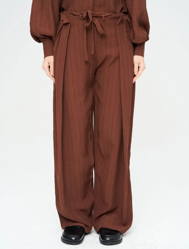 Striped Linen Blend Wide Leg Trousers - Brown