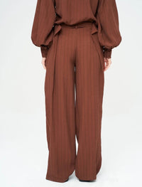 Striped Linen Blend Wide Leg Trousers - Brown
