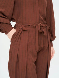 Striped Linen Blend Wide Leg Trousers - Brown