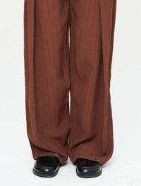 Striped Linen Blend Wide Leg Trousers - Brown