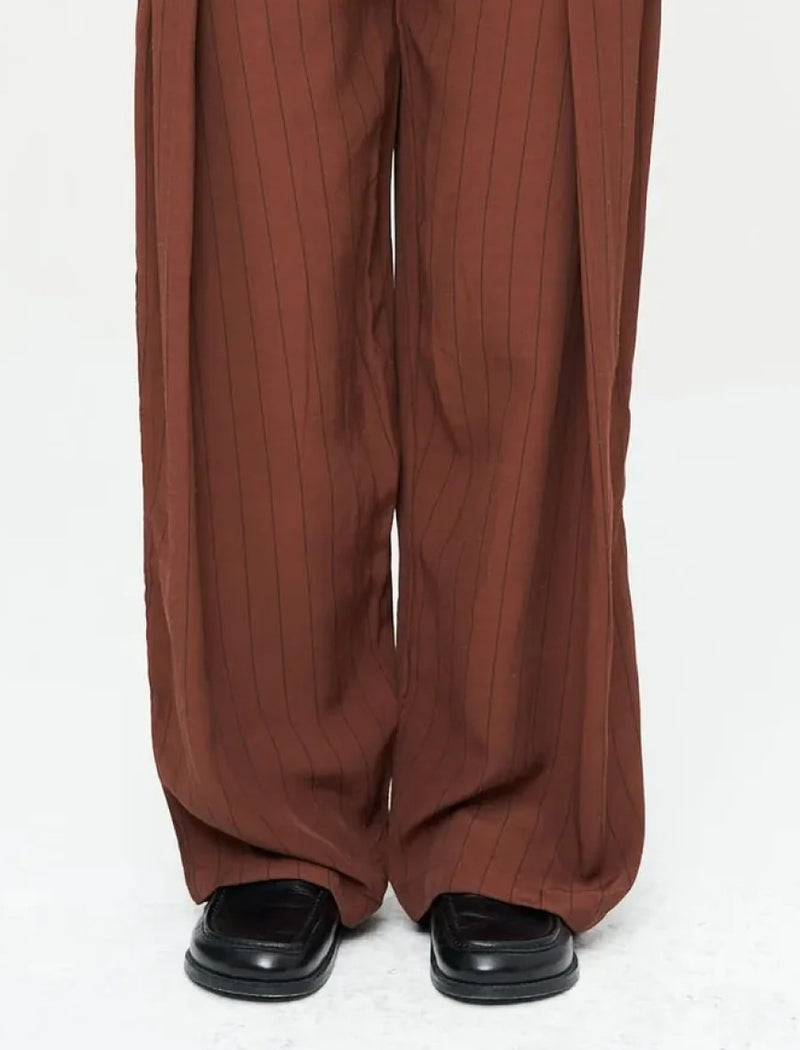 Striped Linen Blend Wide Leg Trousers - Brown