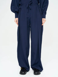 Striped Linen Blend Wide Leg Trousers - Blue