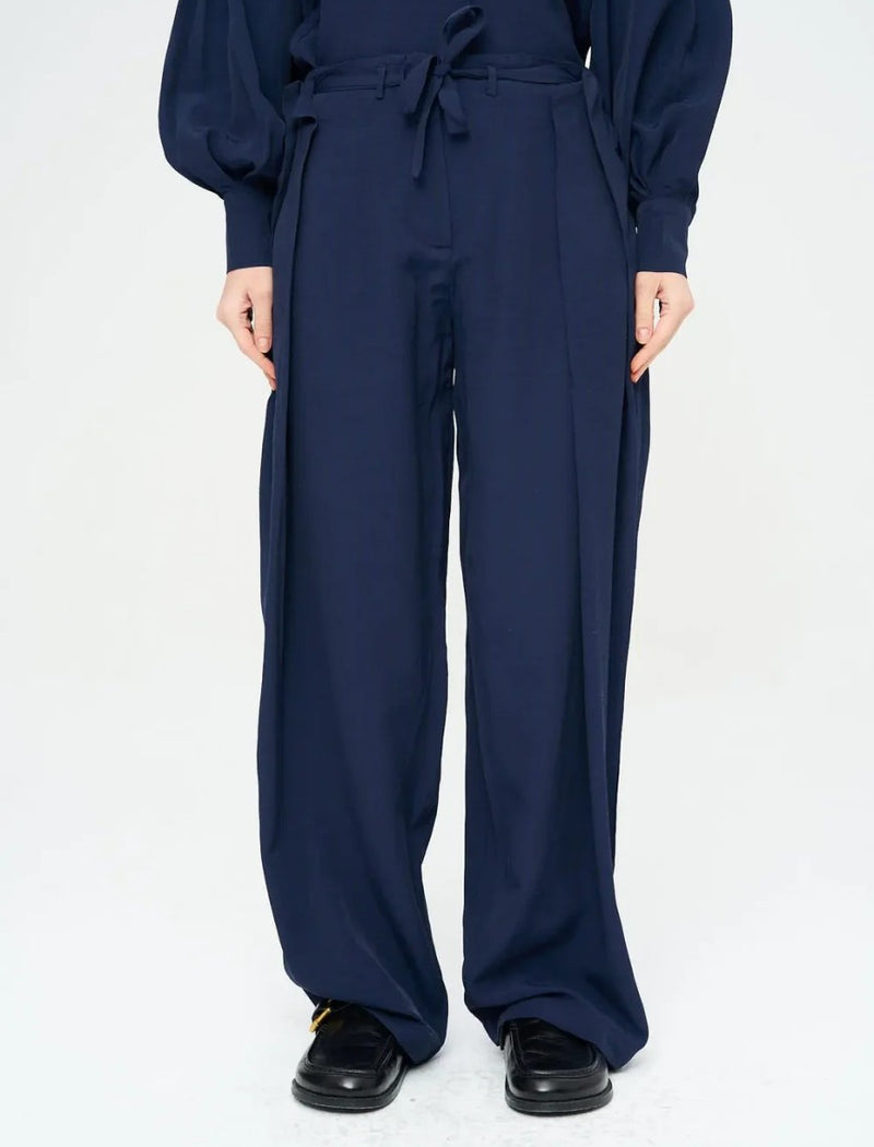 Striped Linen Blend Wide Leg Trousers - Blue