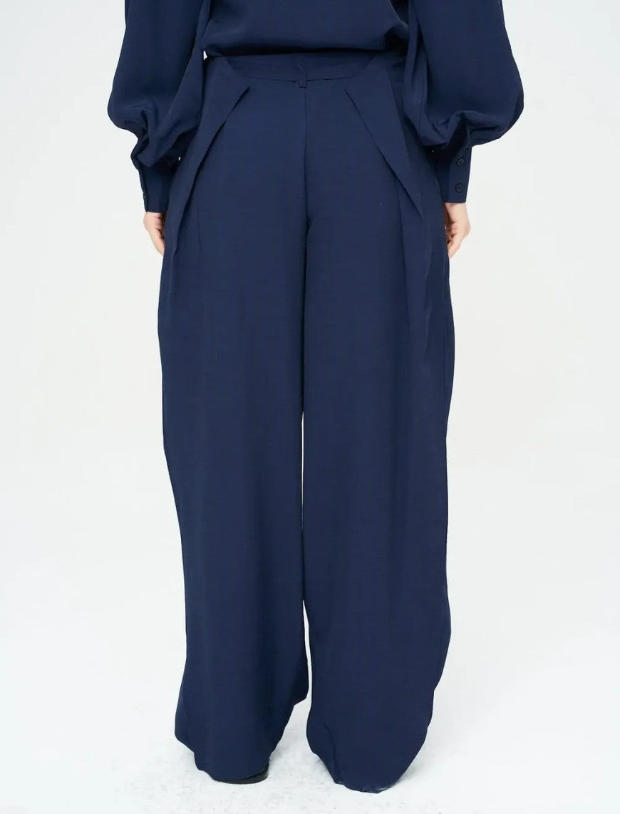 Striped Linen Blend Wide Leg Trousers - Blue