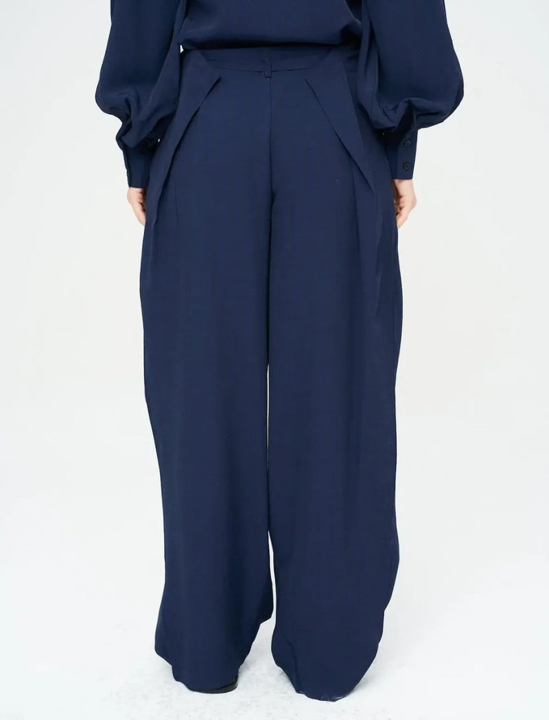 Striped Linen Blend Wide Leg Trousers - Blue