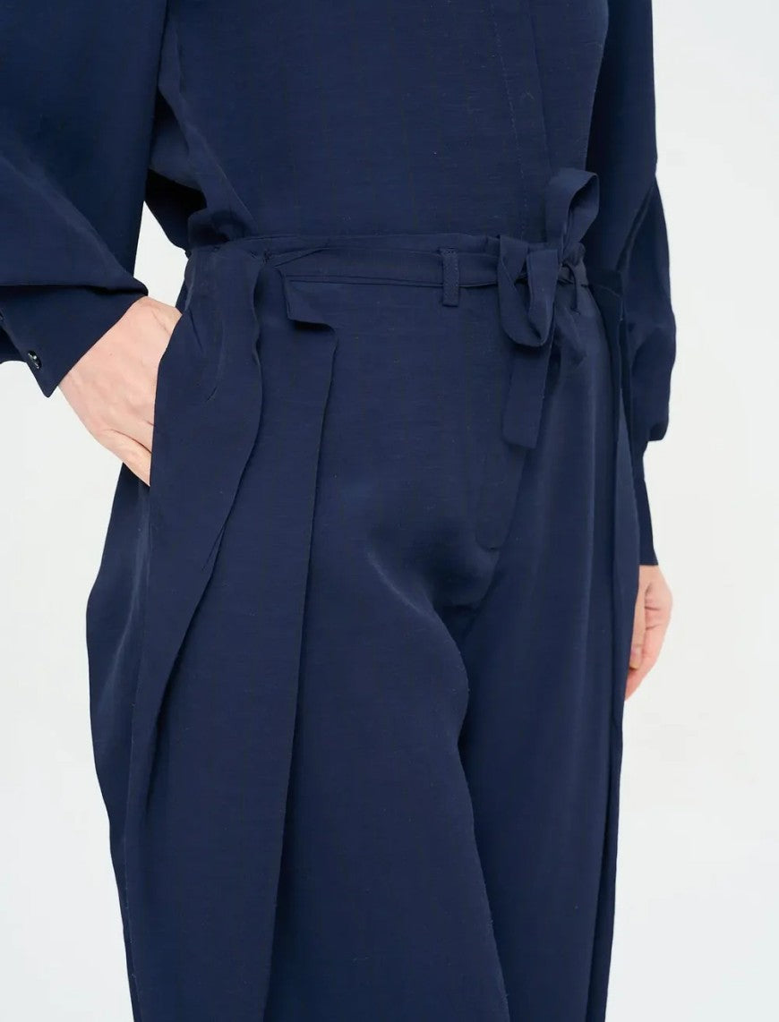 Striped Linen Blend Wide Leg Trousers - Blue