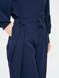Striped Linen Blend Wide Leg Trousers - Blue