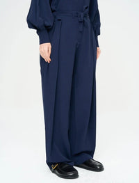 Striped Linen Blend Wide Leg Trousers - Blue