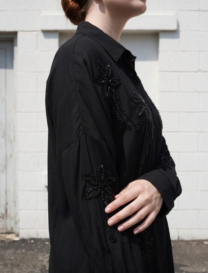 Oversize Stone Embellished Shirt - Black