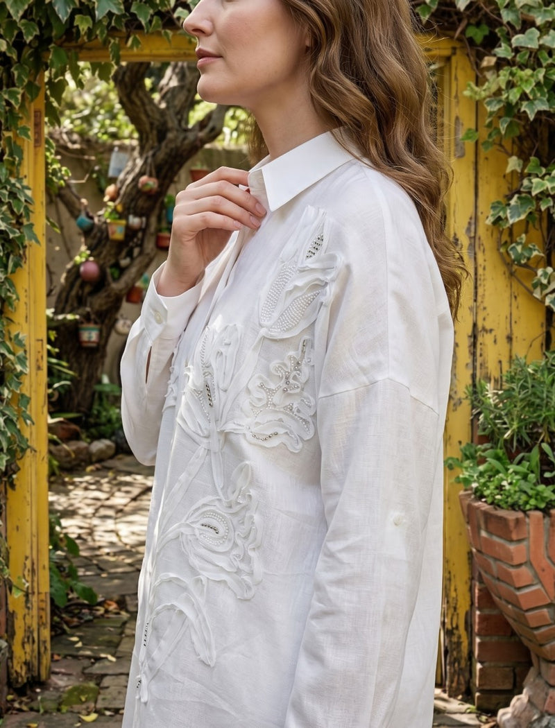 Oversize Stone Embellished Shirt - White