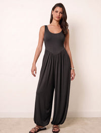 Cotton Blended Jersey Wide-Leg Jumpsuit - Black