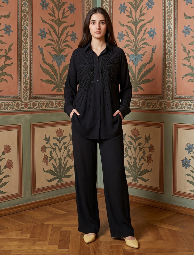 Shirt with Floral Embroidery and Stone Work Details - Black
