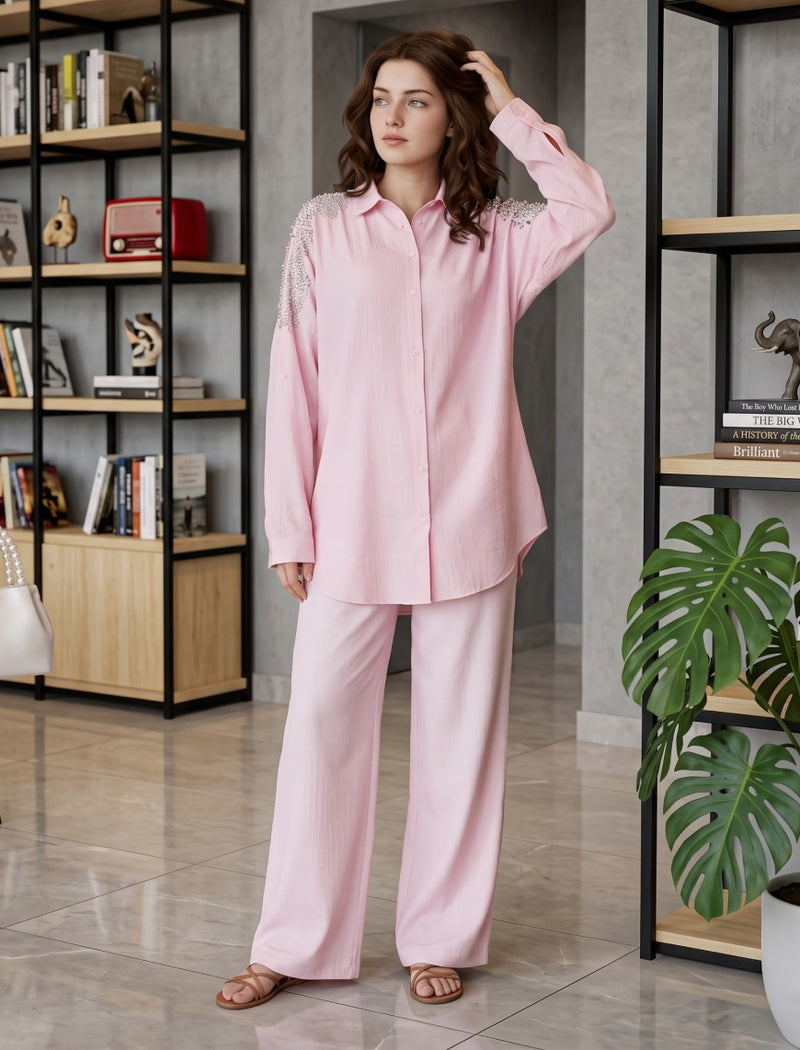 Oversize Stone Embellished Shirt - Pink