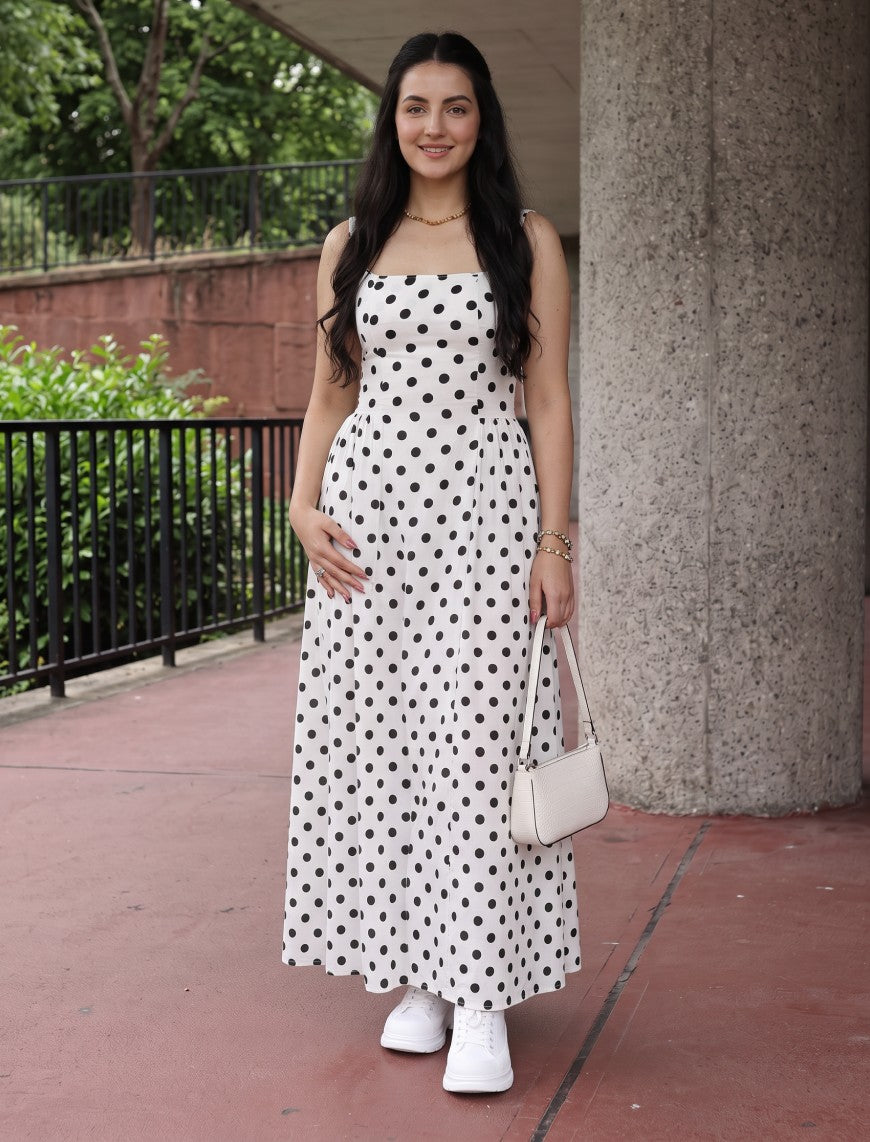 Polka Dot Dress With Waist Gathers - White