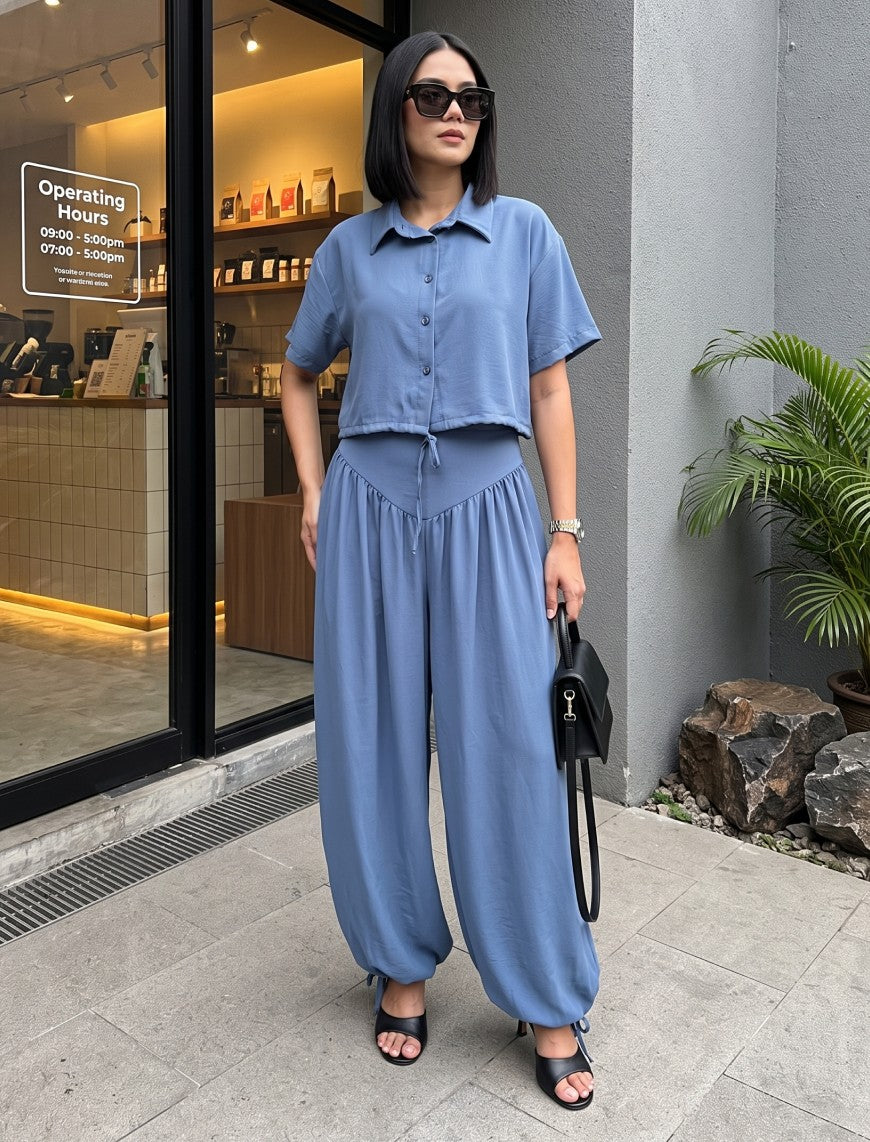 Button Up And Gathered Set - Powder Blue
