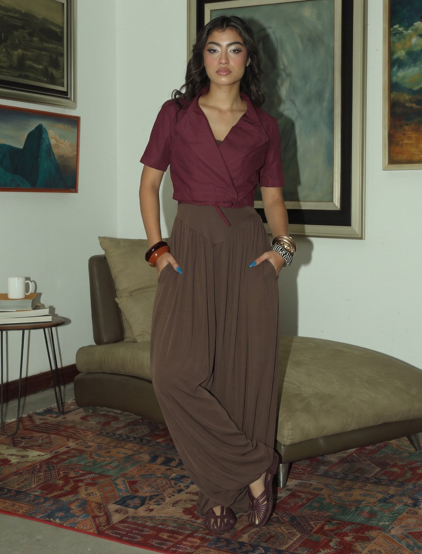 Cotton Collar tie Top - Maroon