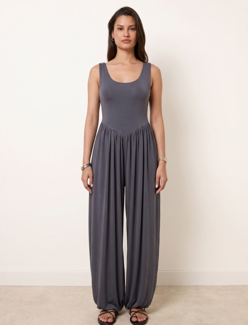 Cotton Blended Jersey Wide-Leg Jumpsuit - Grey