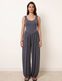Cotton Blended Jersey Wide-Leg Jumpsuit - Grey