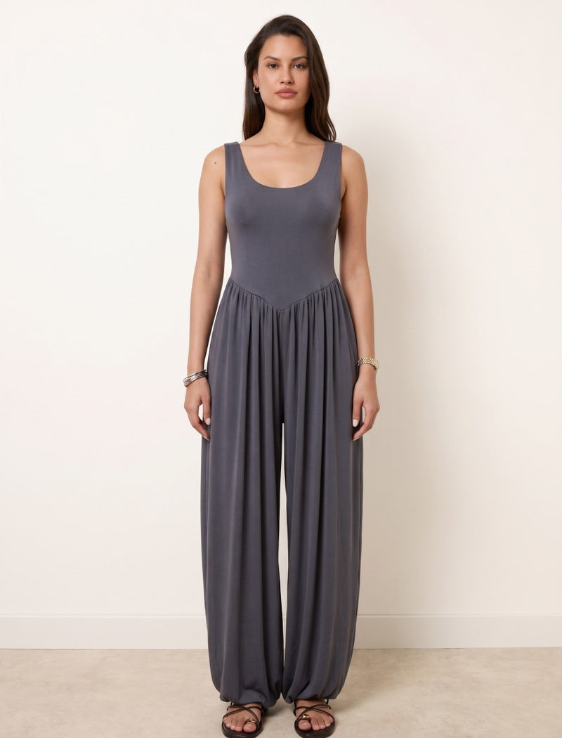 Cotton Blended Jersey Wide-Leg Jumpsuit - Grey