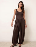 Cotton Blended Jersey Wide-Leg Jumpsuit - Brown