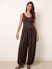 Cotton Blended Jersey Wide-Leg Jumpsuit - Brown