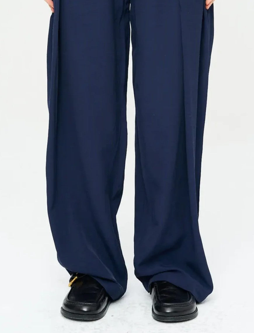 Striped Linen Blend Wide Leg Trousers - Blue