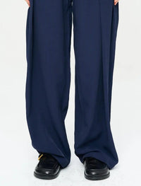 Striped Linen Blend Wide Leg Trousers - Blue
