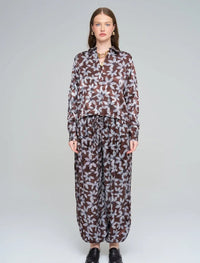 Leaf Patterned, Elastic Waist, Drapey Women's Shirt - Chocolate