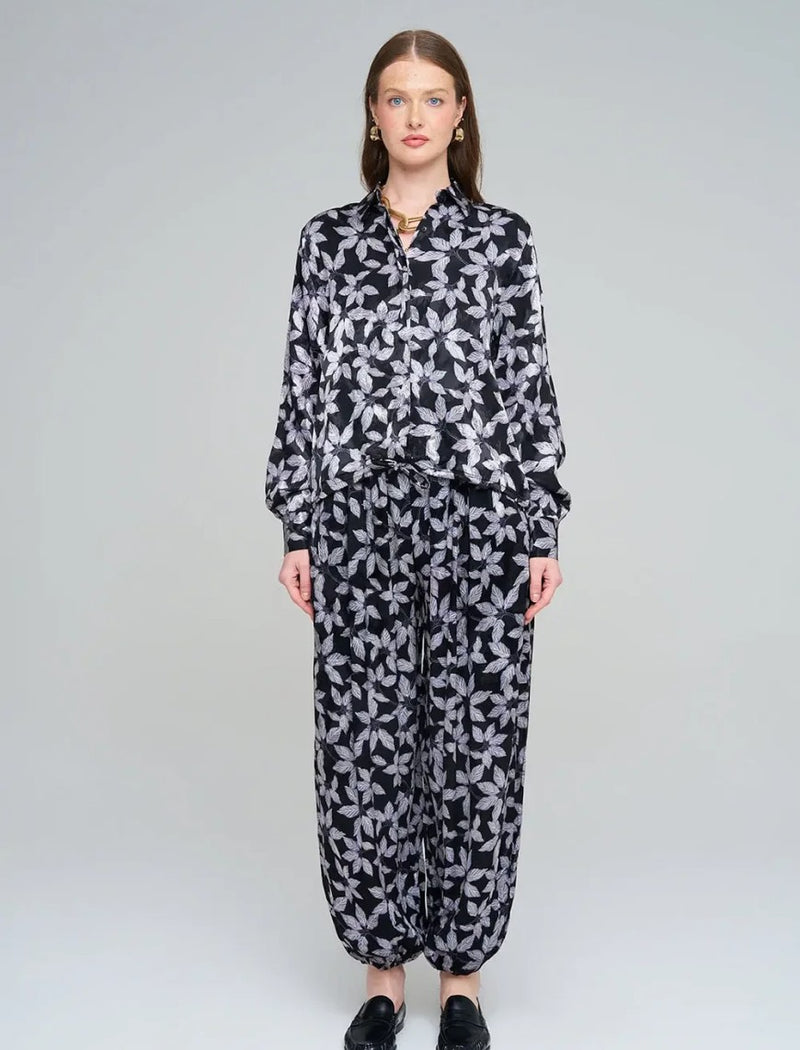 Leaf Patterned, Elasticated Waist, Draped Women's Shirt - Black
