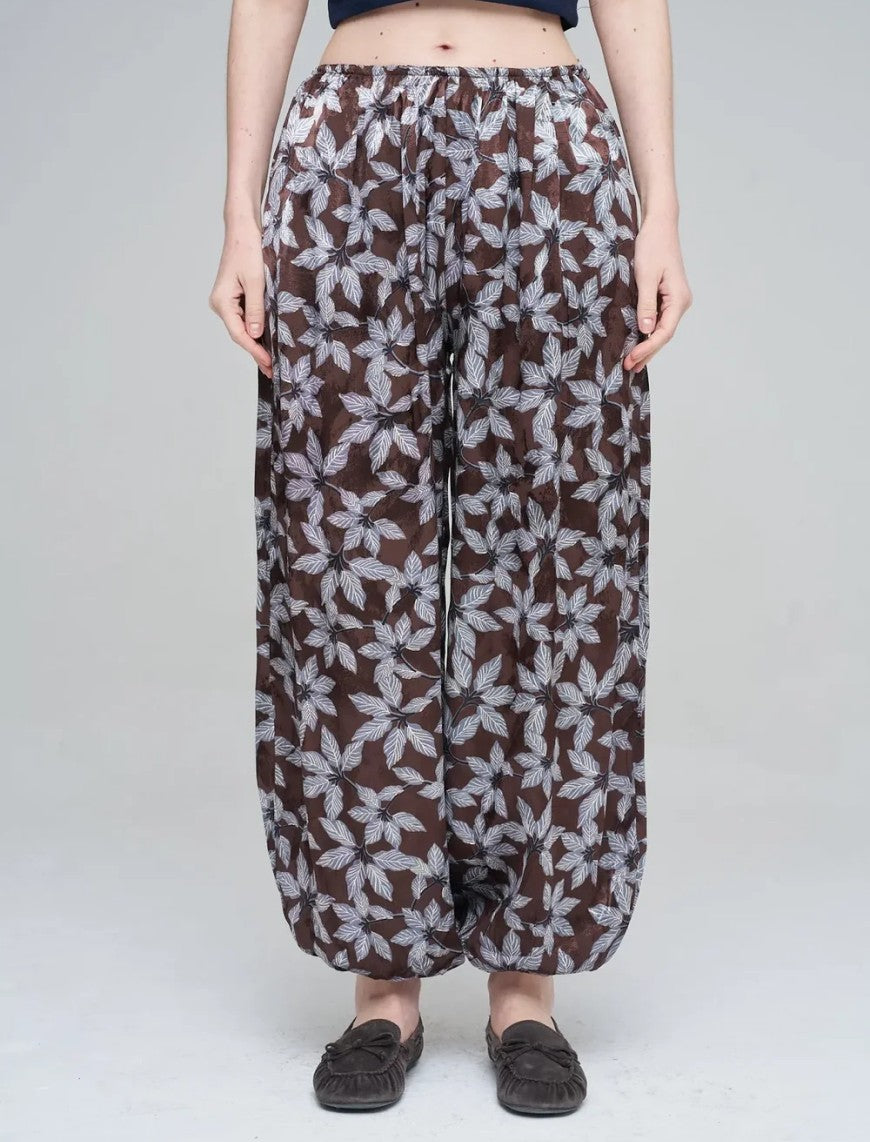 Leaf Patterned Viscose Women's Trousers with Elasticated Hem - Chocolate