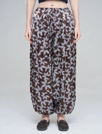 Leaf Patterned Viscose Women's Trousers with Elasticated Hem - Chocolate