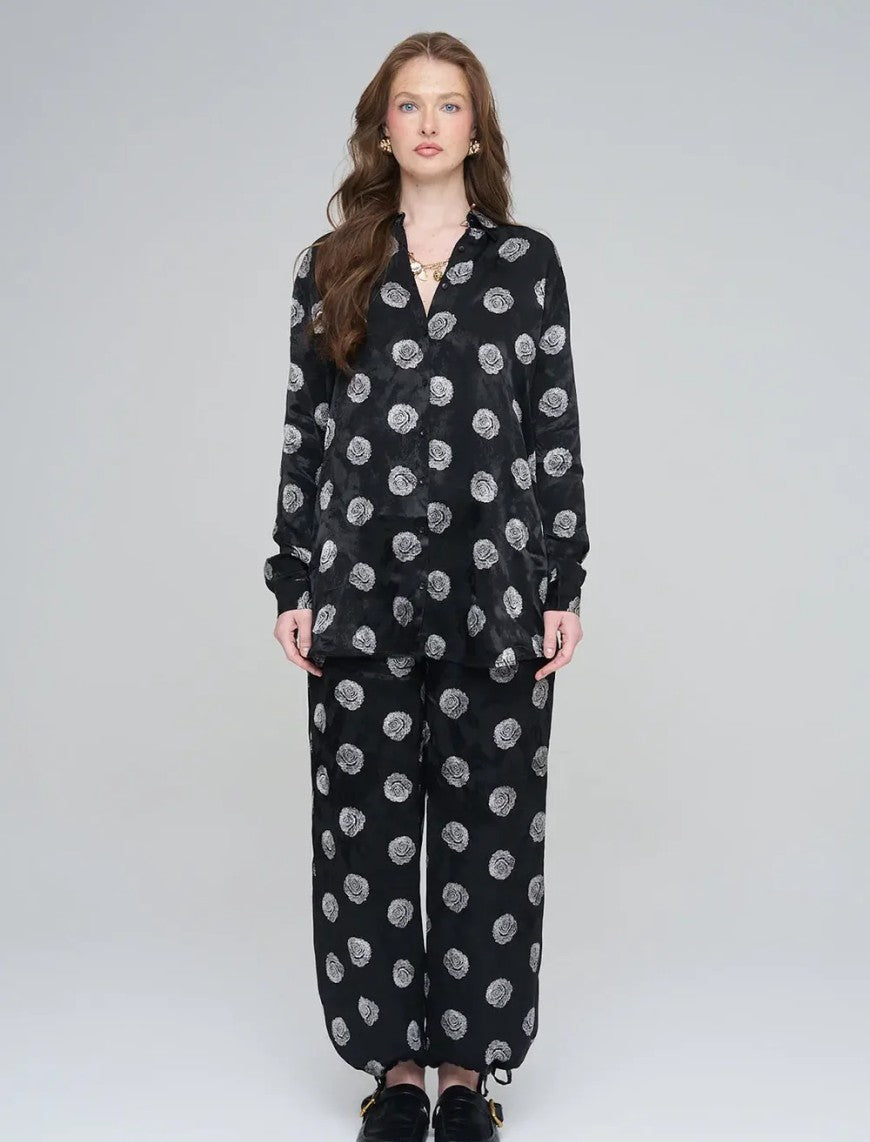 Rose Pattern Oversize Women's Shirt - Black