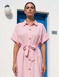 Indigo Tie Hemp Linen Shirtdress - Pink