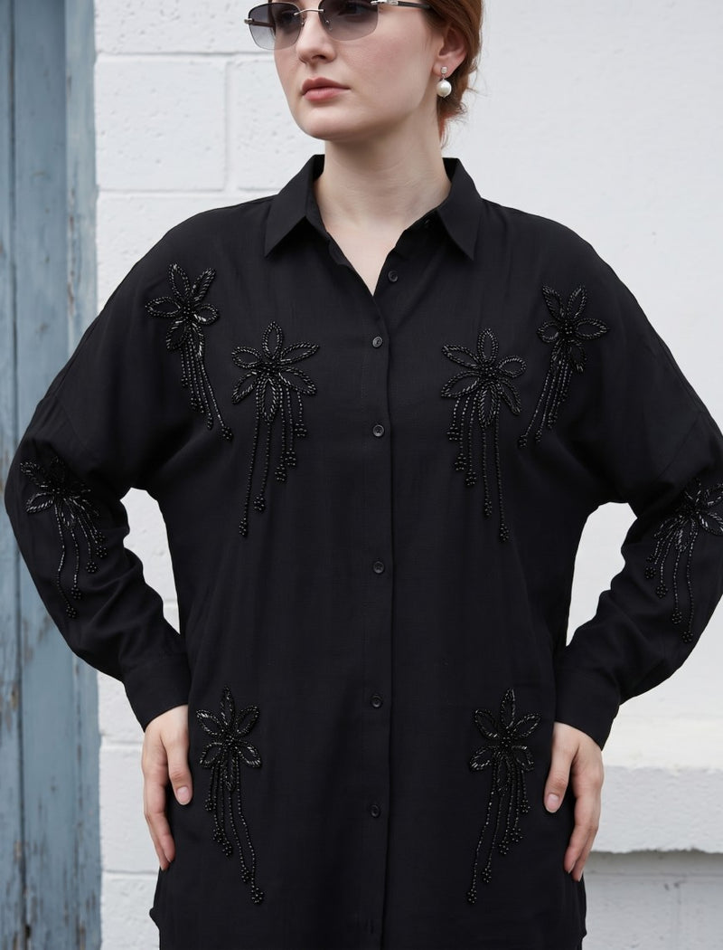 Oversize Stone Embellished Shirt - Black