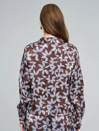 Leaf Patterned, Elastic Waist, Drapey Women's Shirt - Chocolate