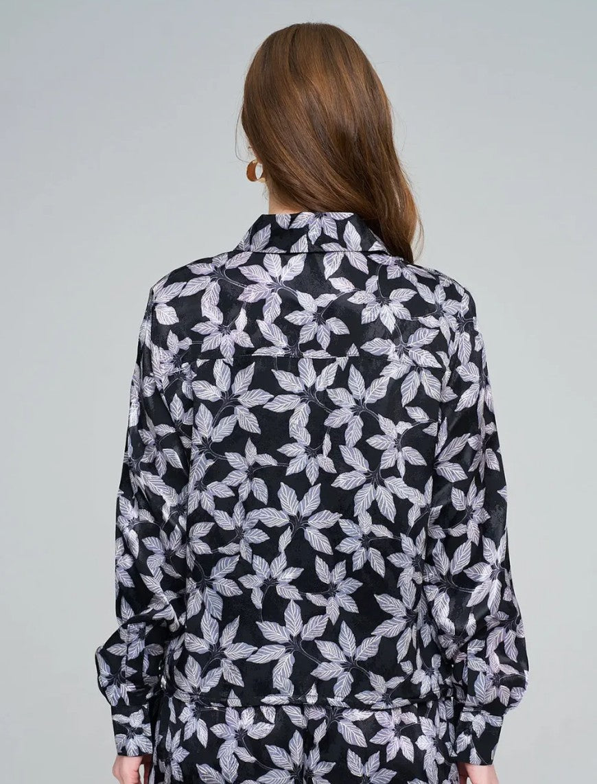 Leaf Patterned, Elasticated Waist, Draped Women's Shirt - Black