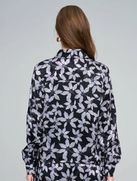 Leaf Patterned, Elasticated Waist, Draped Women's Shirt - Black